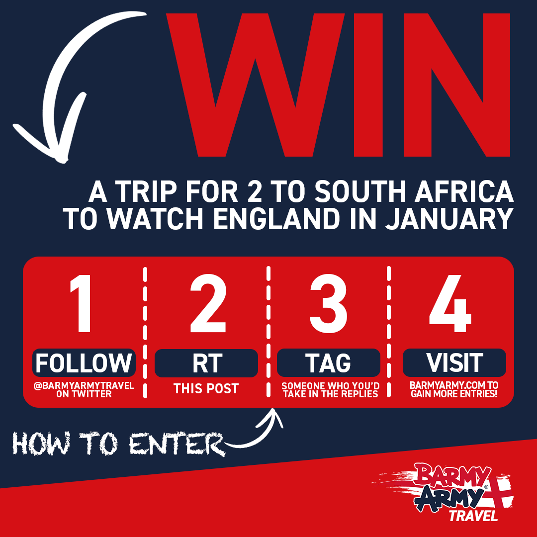 🏆 WIN A TRIP FOR 2 TO WATCH ENGLAND PLAY IN SOUTH AFRICA 🏆
 
To enter:
- Follow this page @barmyarmytravel 
- RT this post
- Tag someone in the replies who you would bring to South Africa with you!
 
For more entries, info &amp; Ts &amp; Cs click here ➡️ barmyarmy.com/LATEST/Competi…