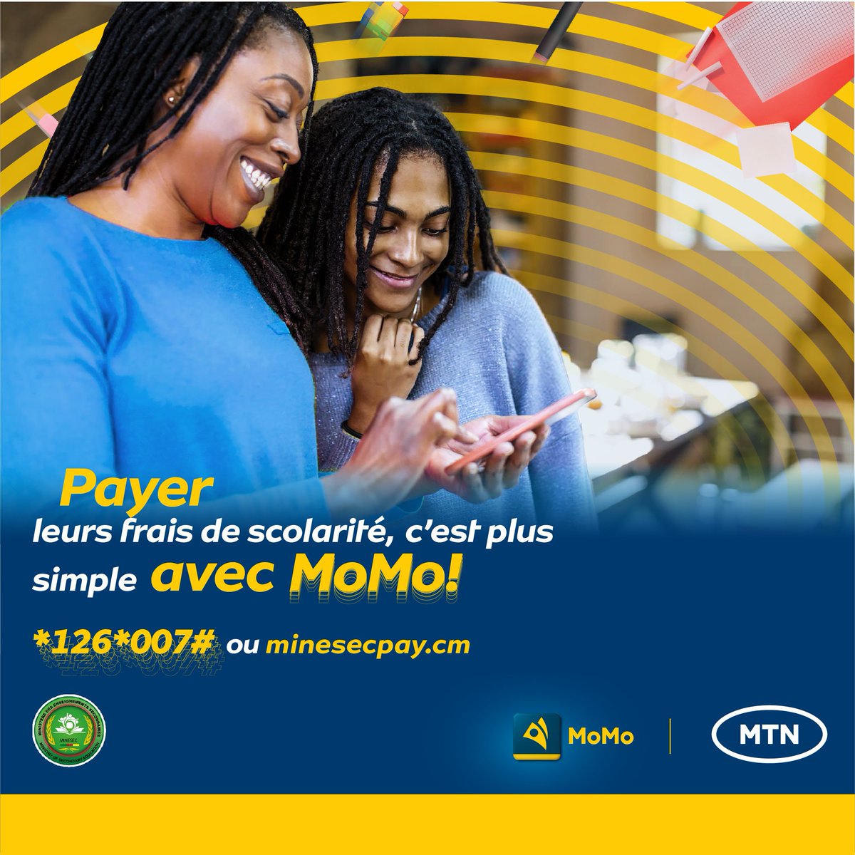 MTNCameroon's tweet photo. Les vrais boss ne grillent pas sous le soleil, mais règlent les frais de Scolarité de leurs enfants par MoMo.
Alors, effectuez les paiements de frais scolaires de vos enfants loin des rangs interminables et sans désagrement.
Vous en tirez un service impeccable.
#MoMoBackToSchool https://t.co/DdT0vSrpGk