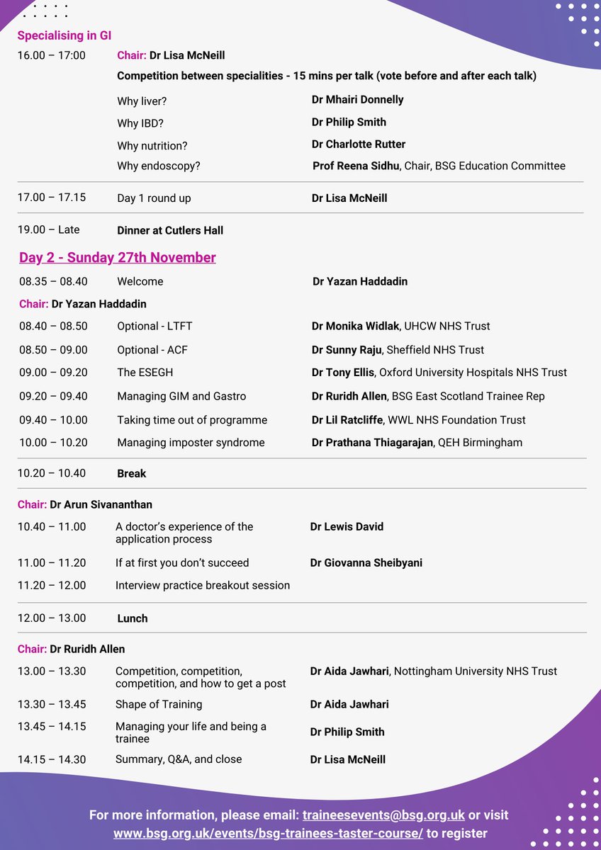BritSocGastro's tweet photo. We are delighted to announce that the agenda for the @BSGTrainees #TasterCourse is live! Make sure you book your study leave and register your place today 👉 https://t.co/2HwoLPfdnO https://t.co/ykre3HdmqT