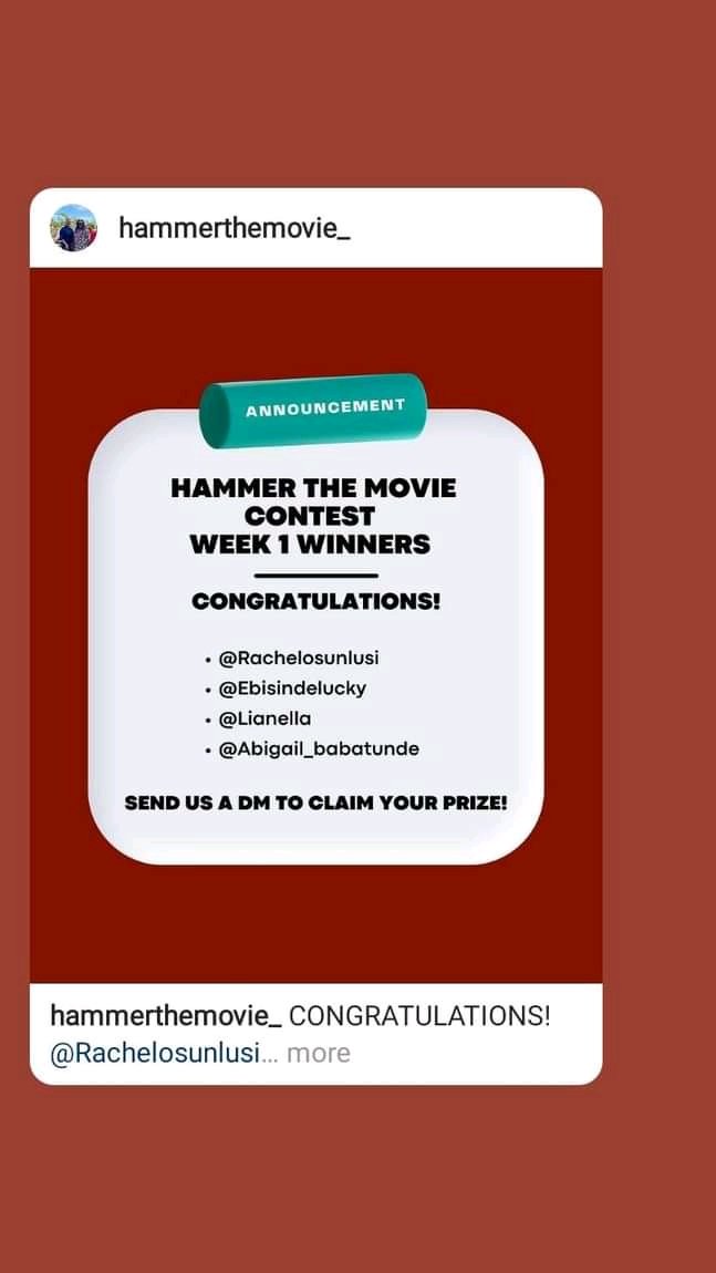 a_ayebaemi's tweet photo. Good day everyone.

Trust you are doing good.

Below are the winners of the contest that was hosted by team "HAMMER MOVIE" in show of appreciation for the viewers of the movie.

Click the hashtags 👇👇👇for more info.

#HammerTheMovie
#Drlindaiheme
#Vantagemigration https://t.co/Fzz83bcNua