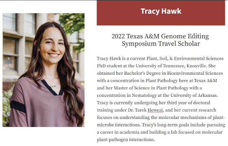 GE_TAMU's tweet photo. Announcing our final travel scholar,Tracy Hawk, PhD student at The University of Tennessee, Knoxville. Tracy will be presenting her research titled "Kinase-dead mutation reveals a soybean kinase that regulates alternative splicing is important for cyst nematode parasitism". https://t.co/cLlNl4ppsa
