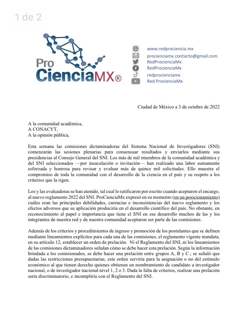 RedProcienciaMx's tweet photo. 🔔🚨 Reconocemos la dedicación y entrega de los comisionados para evaluar y definir el ingreso y promoción de las distintas categorías. El uso de un orden de prelación para otorgar o no un estímulo económico no compete a las comisiones dictaminadoras…👇🧵

#SNI 
#NoPrelación https://t.co/C1D43e0FG9