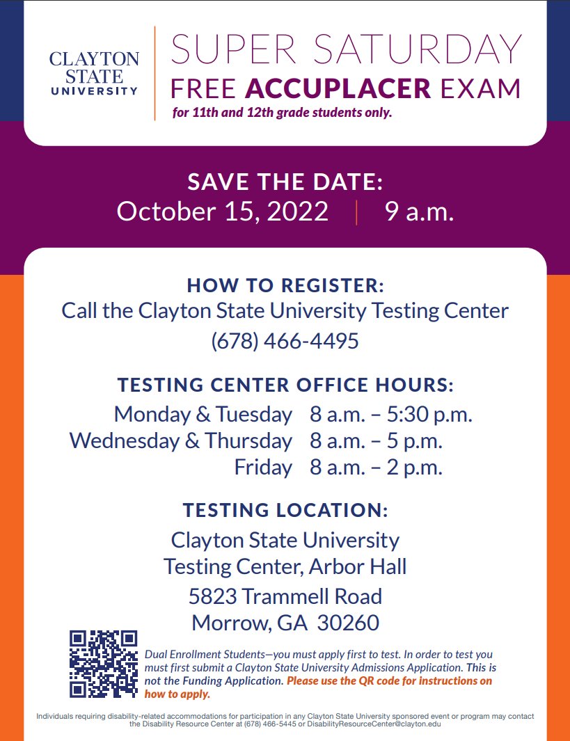 Need to take the Accuplacer, but hate spending money on it? Sign up for a FREE ACCUPLACER being given on Saturday, October 15th!
#claytonstate #dualenroll #freeaccuplacer