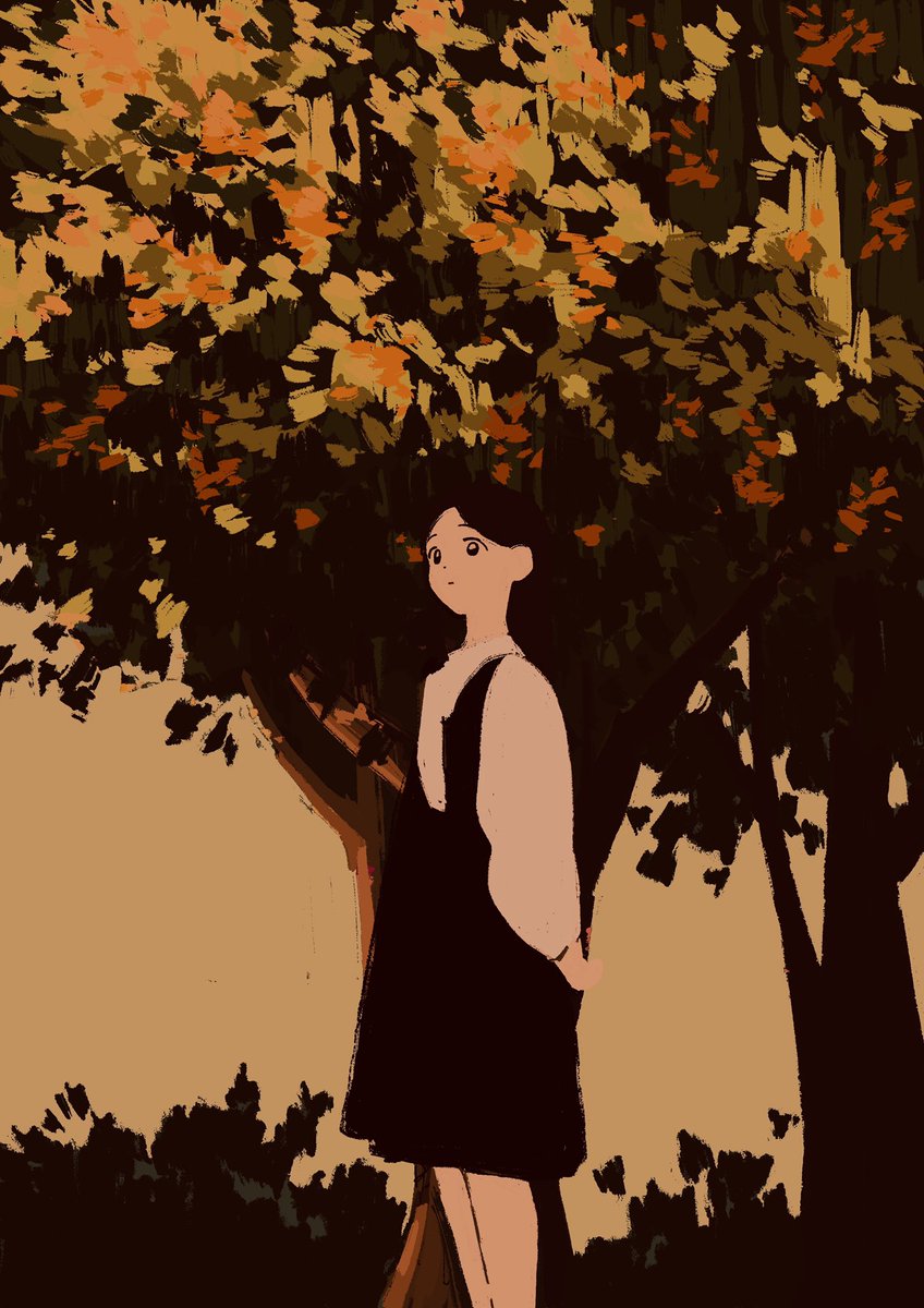 solo 1girl tree dress broom long sleeves black dress  illustration images