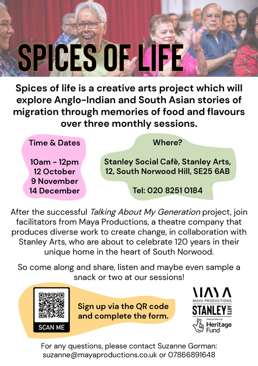🗣️Spices of life is a creative arts project which will explore Anglo-Indian and South Asian stories.

Come along and share, listen &amp; maybe even sample a snack or two!

📍Stanley Arts 
📅12th Oct
⏲️10am - 12pm
Sign up &gt;&gt;&gt; bit.ly/3SxzrkU

#croydon  #migration #Diversity