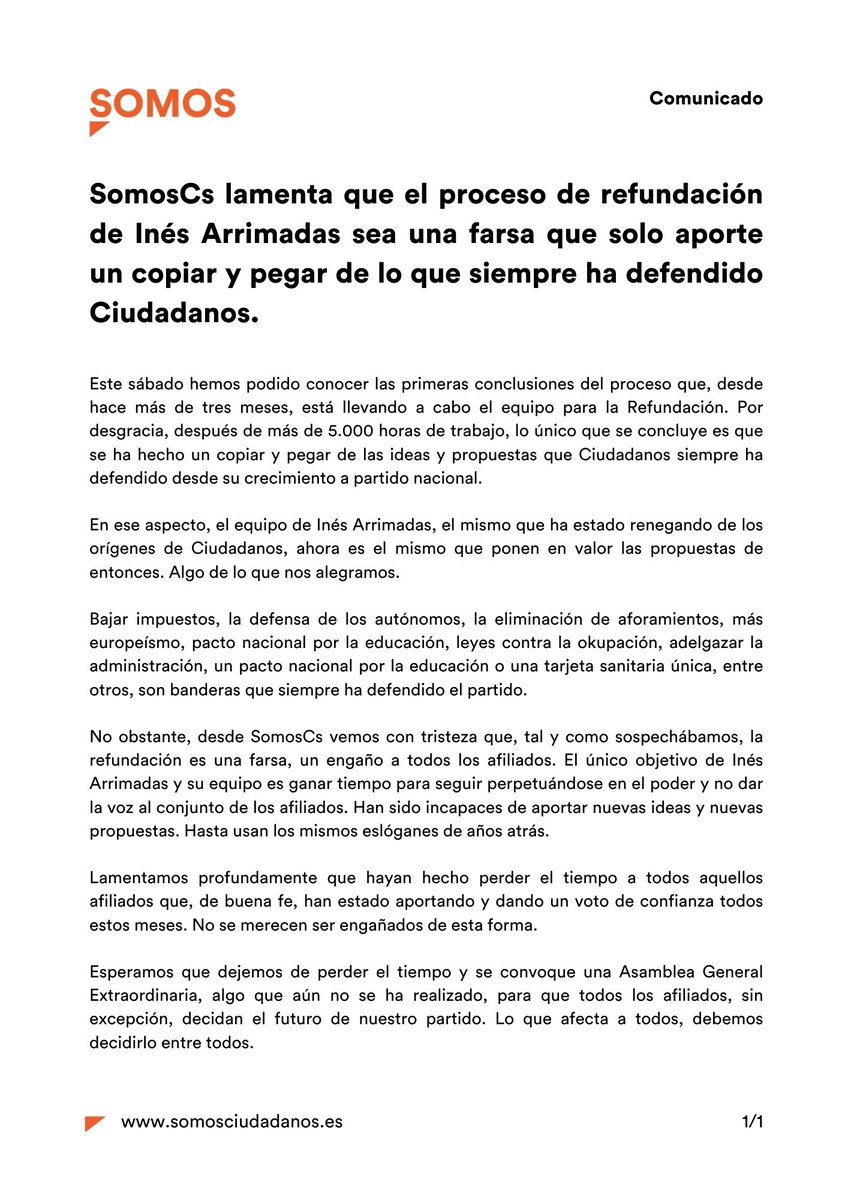 Somos_Cs's tweet photo. 🔴 COMUNICADO

Lamentamos que el proceso de refundación de @InesArrimadas sea una farsa que solo aporte un copiar y pegar de lo que siempre ha defendido @CiudadanosCs   

Dejemos de perder el tiempo y convoquemos de manera inmediata la Asamblea General Extraordinaria.

#SomosCs https://t.co/qwhHKc4ADT