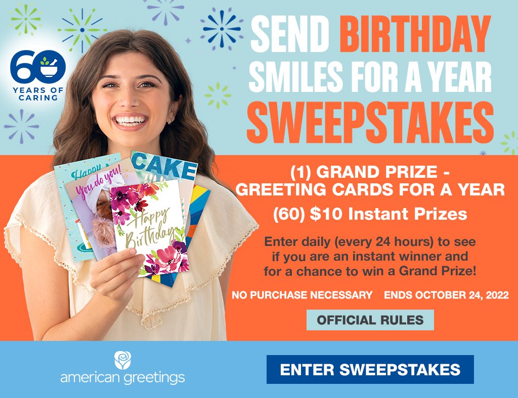 NicolesChoice1's tweet photo. 61 #Winners!!
Ends 10/24 - DAILY entry
#Win FREE โSend Smiles for a Yearโ package consists of sixty (60) American Greetings cards OR a $10 Rite Aid gift card!! Enter >> https://t.co/hx4CieooOe
#free #hallmarkcards #riteaidgiftcard #giveaway #hallmark https://t.co/FbPrkxZoUA