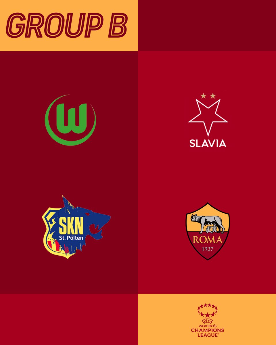 ✨ Siamo state sorteggiate nel girone B

🇩🇪 Wolfsburg
🇨🇿 Slavia Praga
🇦🇹 St. Polten

#ASRomaFemminile #UWCLdraw