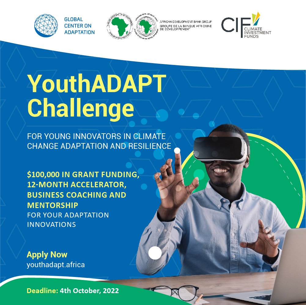 LAST CALL: Are you a young African innovator with a business idea that can drive climate change adaptation and resilience across #Africa? 

Submit your application for the #YouthADAPT Challenge by tomorrow: bit.ly/3S71Ihx