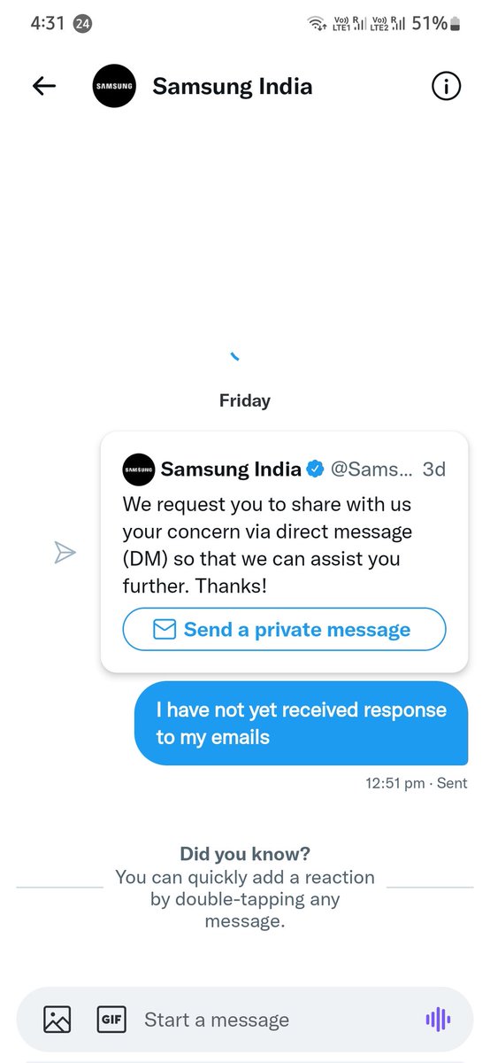 _arpitgoyal_'s tweet photo. @SamsungIndia @Samsung It seems the response on direct message is supposed to be only once and then a long silence.

The customer support is only raising tickets but no resolution. Pathetic state of affairs. @jagograhakjago @consaff https://t.co/4zcy3Bhtw8