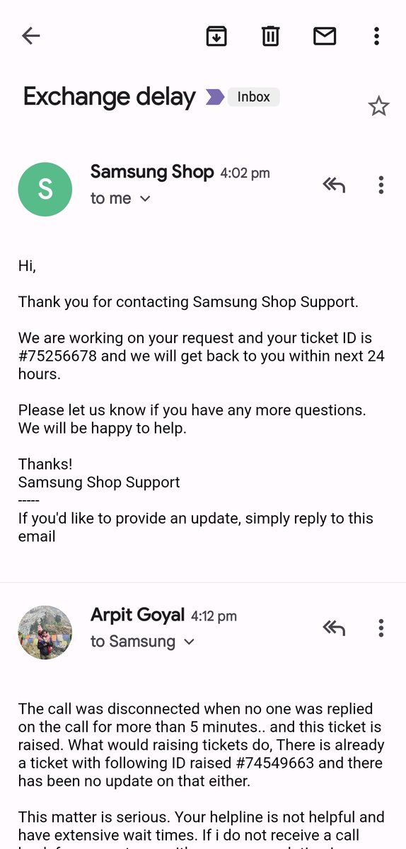 _arpitgoyal_'s tweet photo. @SamsungIndia @Samsung It seems the response on direct message is supposed to be only once and then a long silence.

The customer support is only raising tickets but no resolution. Pathetic state of affairs. @jagograhakjago @consaff https://t.co/4zcy3Bhtw8