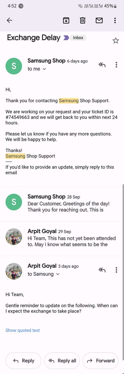 _arpitgoyal_'s tweet photo. @SamsungIndia @Samsung It seems the response on direct message is supposed to be only once and then a long silence.

The customer support is only raising tickets but no resolution. Pathetic state of affairs. @jagograhakjago @consaff https://t.co/4zcy3Bhtw8