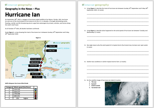InternetGeog's tweet photo. Geography in the News Plus is back! Our first of 2022/23 covers Hurricane Ian. The KS4 resource contains exam-style questions &amp; mark scheme. Plus subscribers can download it now! Take out a low-cost annual subscription here: https://t.co/kktuK5GI5G #geographyteacher https://t.co/ReCDQgUIDJ