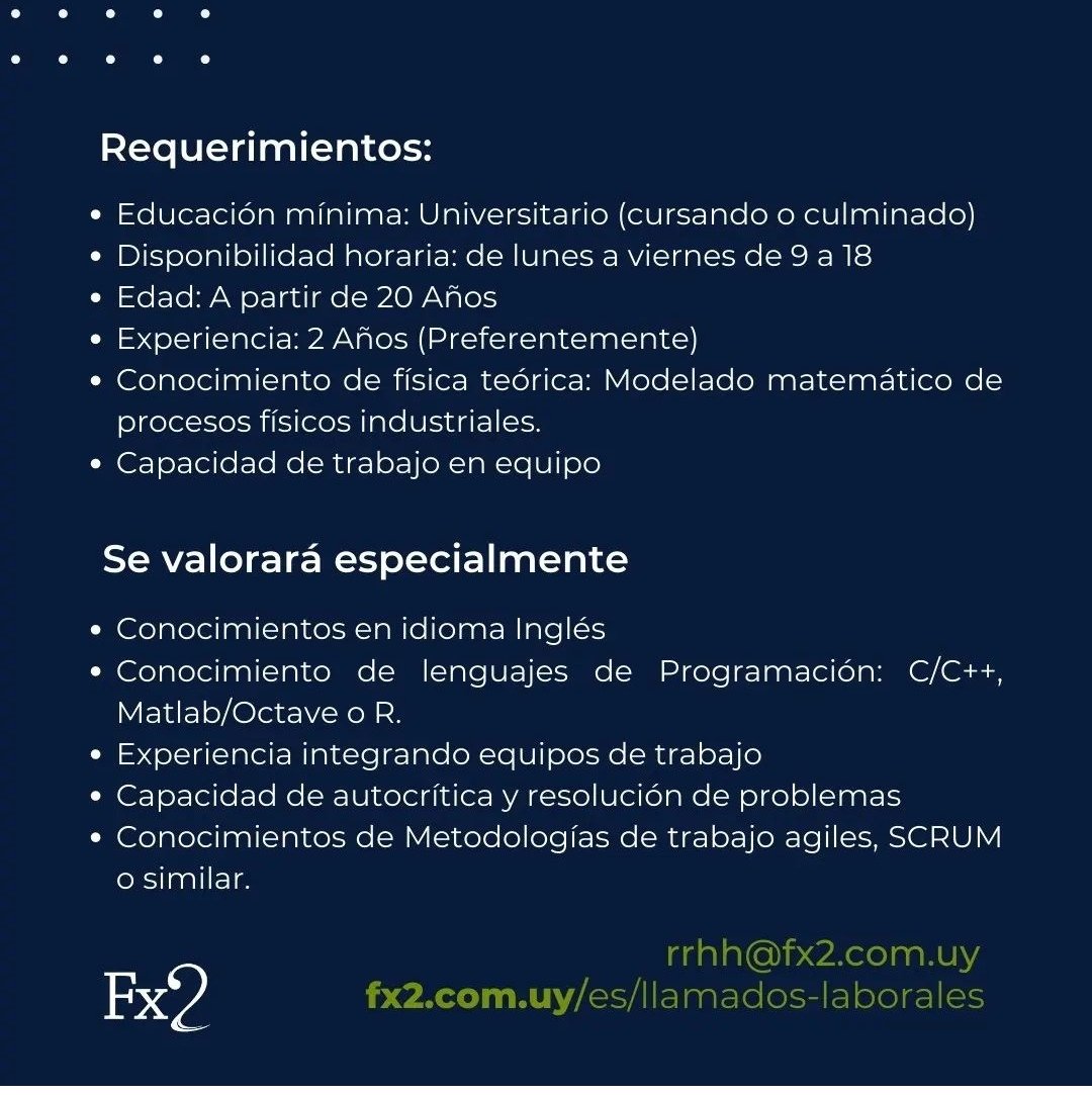 Fx2sf's tweet photo. 🔎 Estamos buscando un Modelador de procesos físicos, con formación terciaria en Ingeniería Mecánica e Ingeniería Eléctrica o Licenciatura en Física con conocimiento en programación.

👉Postúlate en https://t.co/o7Ruh6COQ7 https://t.co/n8jWmDw1jb