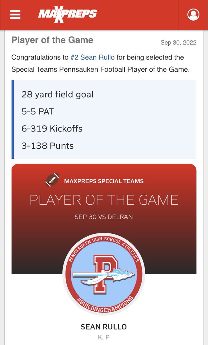 tymad32's tweet photo. @SeanRullo was named the Pennsauken Special Teams Football Player of the Game. https://t.co/0pSLwEUaSh via @MaxPreps https://t.co/mNjO7E2taf