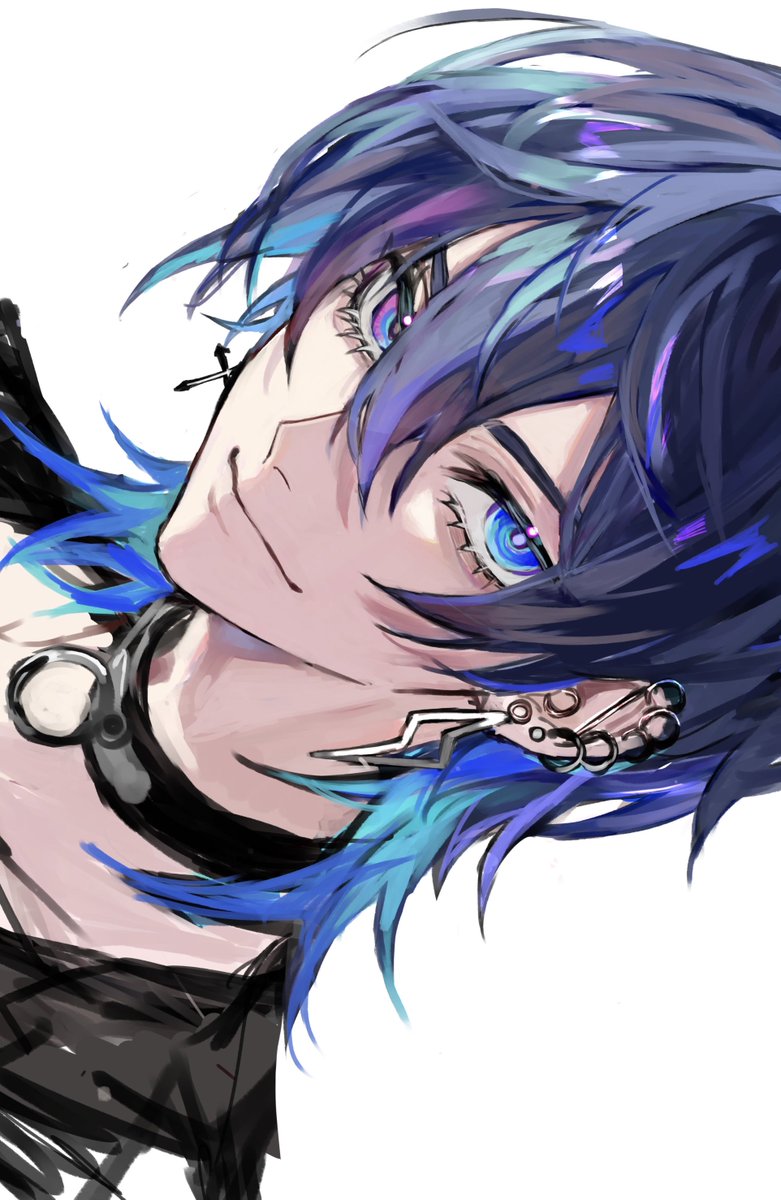 1boy solo male focus blue hair jewelry earrings blue eyes  illustration images