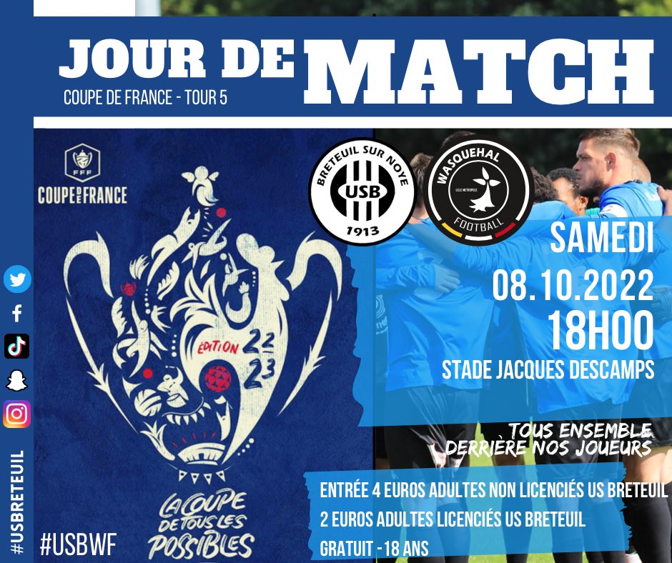 USBreteuil's tweet photo. #coupedefrance #tour5
#vs Wasquehal - N2

GROS défi pour nos joueurs !
venez tous assister à ce beau match en perspective !

toutes les infos ci dessous ⬇️

🔵⚫️ https://t.co/ZRP5NeSMUU