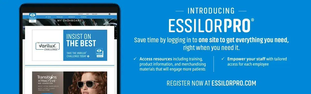 trisupremeoptic's tweet photo. #EssilorPRO® is your one-stop shop for all things #Essilor!
Download Latest Brand Resources + Product Info / Update your profile / Manage your advertising / Track your Rewards https://t.co/3gL0FN9ciP
#ECP #optician #opticallab #opticalsupplier #eyeexam #eyedoctor #optometrist https://t.co/Qm8iCy0iKk