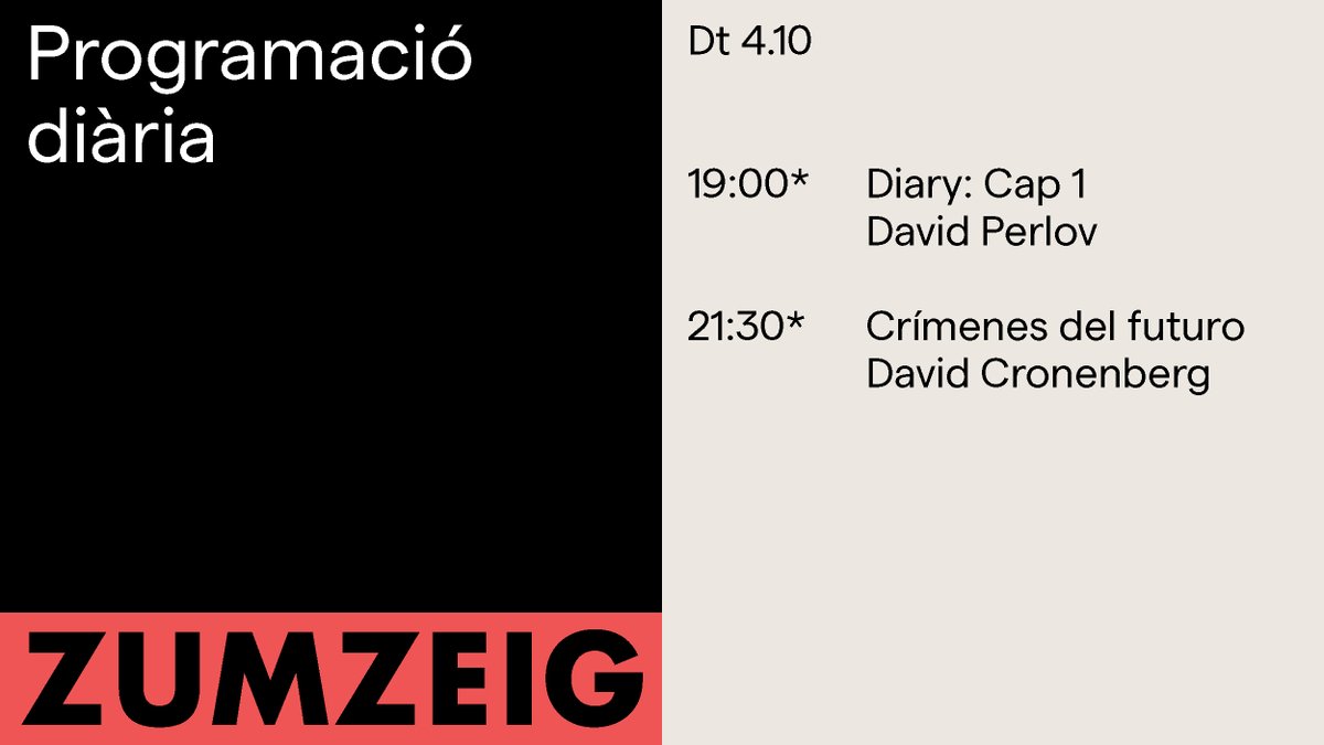 ZumzeigCinema's tweet photo. Avui al #Zumzeig: inici de la retrospectiva dedicada a #DavidPerlov i l'última pel·lícula de David Cronenberg 🍡
#Diary Cap 1. (1973-1977) Perlov ens obre les portes a la intimitat de la seva llar 🏠
#CrímenesDelFuturo Presentada per @tonijunyent 💉
🎟️ https://t.co/sAMmjCnkge https://t.co/RWUiy8MtJh