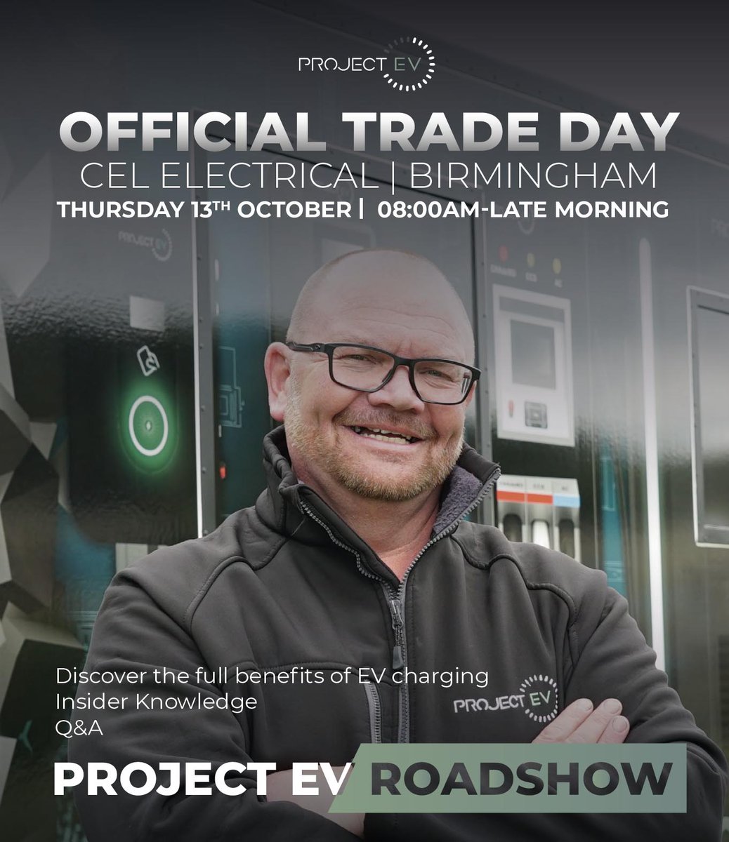 Don't miss the @WeAreProjectEV roadshow here at CEL Electrical on Thursday 13th October from 8am.🔋 Find out all you need to know about EV charging & get your questions answered by the experts! 73-76 Gravelly Industrial Park, Birmingham B24 8TL #electricalwholesaler #ProjectEV