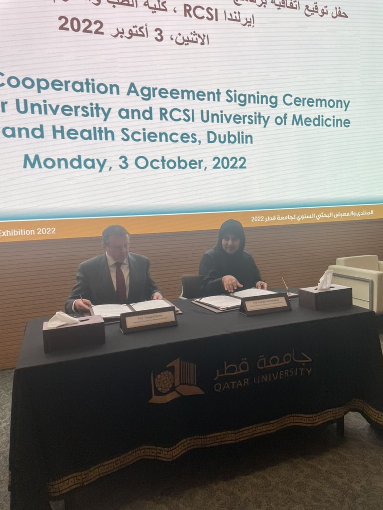 Very pleased to sign joint PhD cooperation agreement between <a href="/RCSI_Irl/">RCSI</a> &amp; <a href="/QatarUniversity/">جامعة قطر</a>. Beginning of an exciting partnership with a new dual PhD program between both universities <a href="/RCSI_postgrad/">RCSI PG Research</a> <a href="/RCSI_Research/">RCSI Research and Innovation</a>