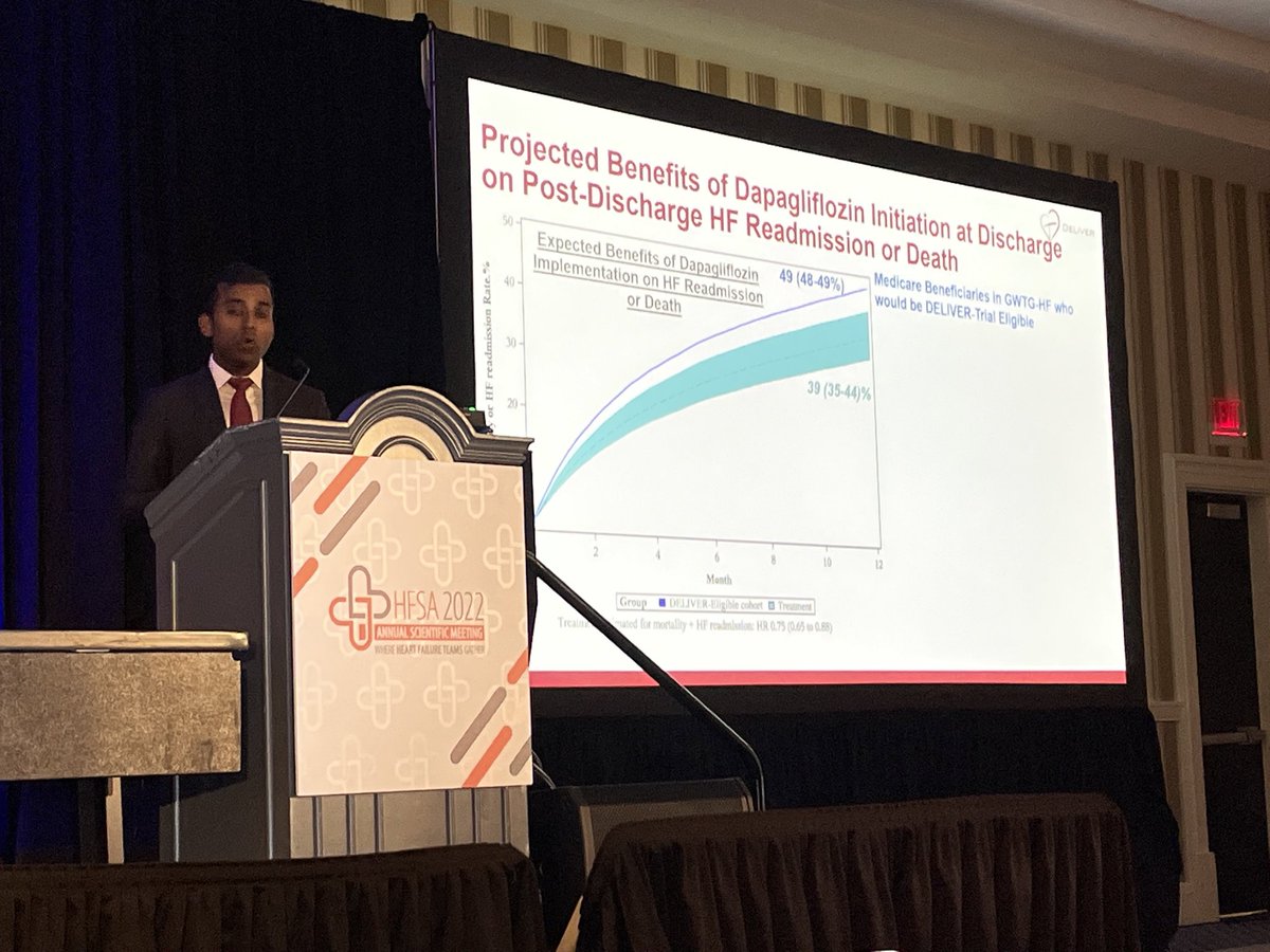 Applying #DELIVER trial findings to hospitalized Medicare patients in GWTG @mvaduganathan showed at HFSA that 80% would be eligible with an expanded indication and result in 9% absolute risk reduction NNT =11 in HF readmission or death