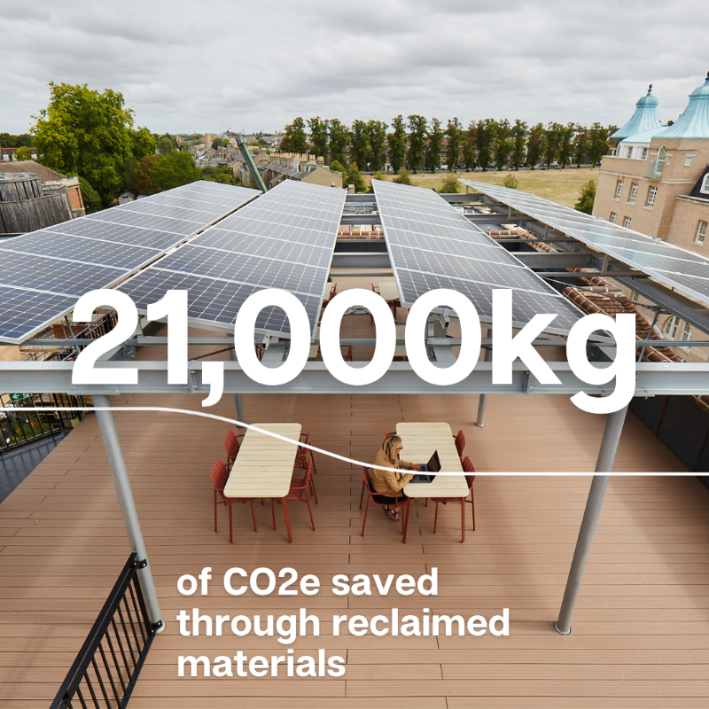 cisl_cambridge's tweet photo. ❓Did you know: #EntopiaCambridge saved 21,000kg of embodied carbon by using reclaimed materials, such as the solar panels on the roof, held up with repurposed lighting rigs originally used on the set of a Marvel film! 🦸‍♂️⚒️🐝