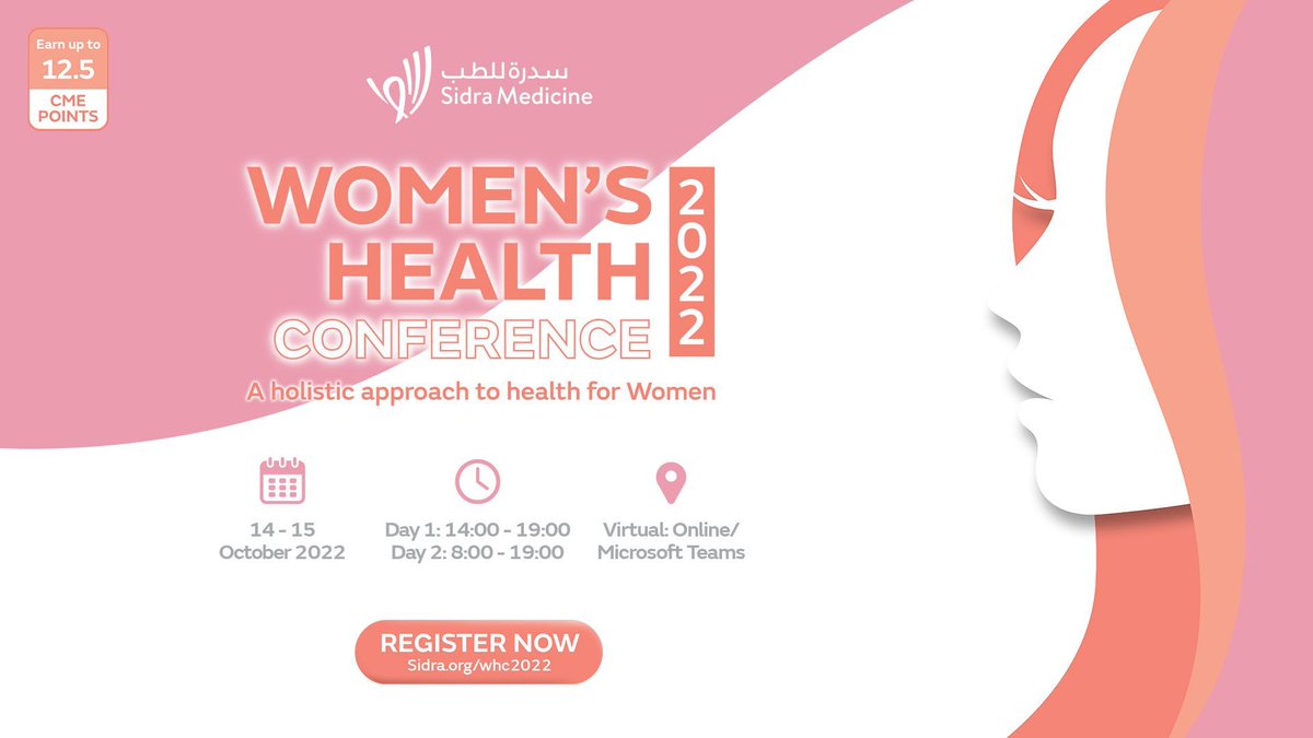 SidraMedicine's tweet photo. Are you interested in women's health? 

Join our virtual Women's Health Conference from 14-15 October, focusing on women's wellness within a holistic context of prevention and health promotion.

Register today: https://t.co/RZQHmSkRsg

#WomensHealth #WHC2022 #SidraMedicine https://t.co/Qct6E9I4CX