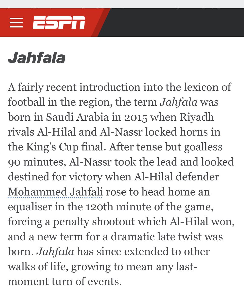 قناة ESPN الرياضية الأمريكية تُدخِل كلمة “جَحْفَلَه” في القواميس👌

حيث عَرَّفت قناة ESPN كلمة “جَحْفَلَه” بأنَّها تَعني “أي تَحَوُّل في الأحداث في اللحظة الأخيرة”

تهانينا للاعب الدولي محمد يحي جحفلي على مساهمته في دخول إسم أُسرَته الكريمة في القواميس الرياضية وغير الرياضية 👌👌