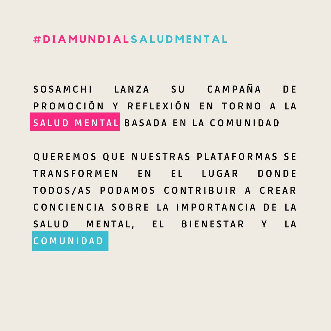 sosamchi's tweet photo. Rumbo a la celebración del #diamundialsaludmental en #sosamchi lanzamos nuestra campaña de concientización centrada en el estigma, salud mental y comunidad. Envía tus aportes usando nuestras redes, publicaremos el material mas inspirador 🙌🏼 https://t.co/tcI1fGV7QX