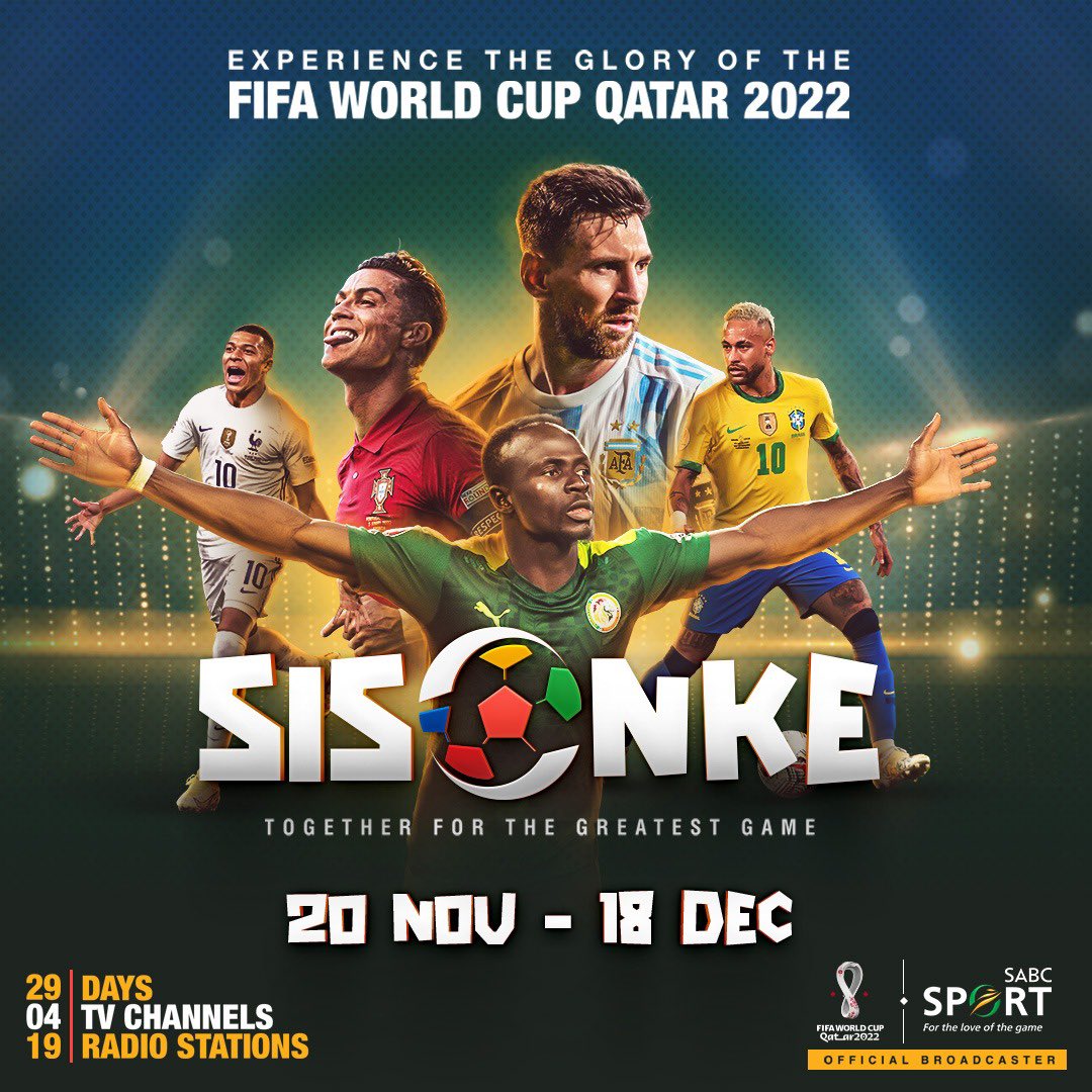Official_SABC1's tweet photo. Coming to your screens!
Experience The Glory of The FIFA World Cup Qatar 2022™
Tune in on 4 TV Channels & 19 Radio Stations, proudly brought to you by @SABC_Sport!
Sisonke, Together for The Greatest Game!
#FIFASisonke #SABCSportFootball https://t.co/HxcqyH7qQx