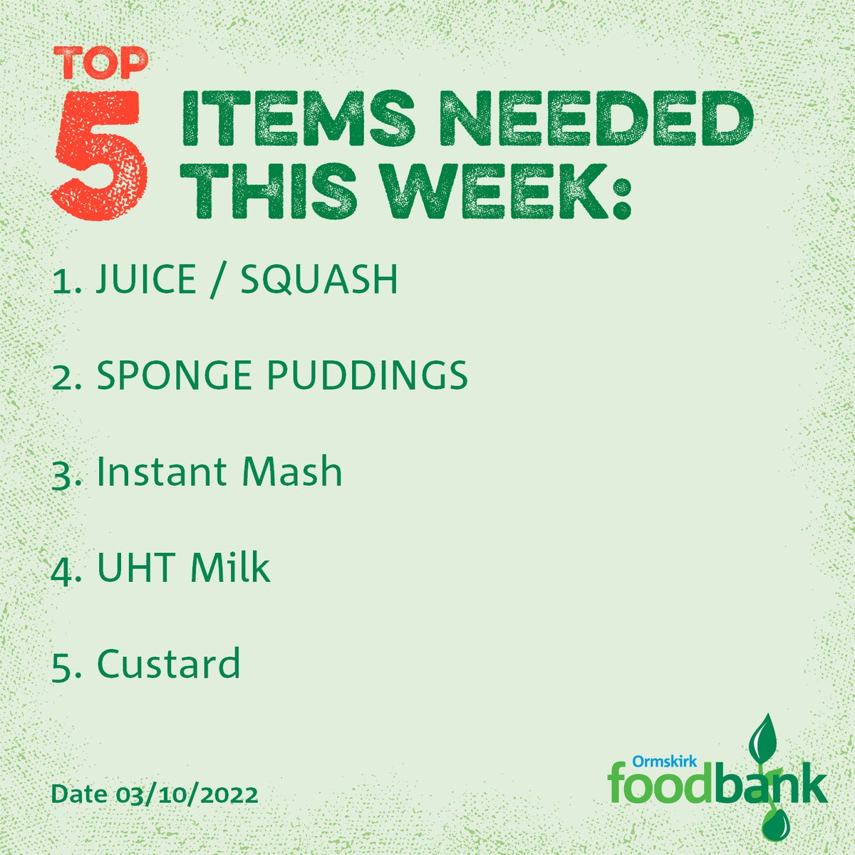 Thanks to all our wonderful donors. If you would like to donate this week, we are really short of these items.