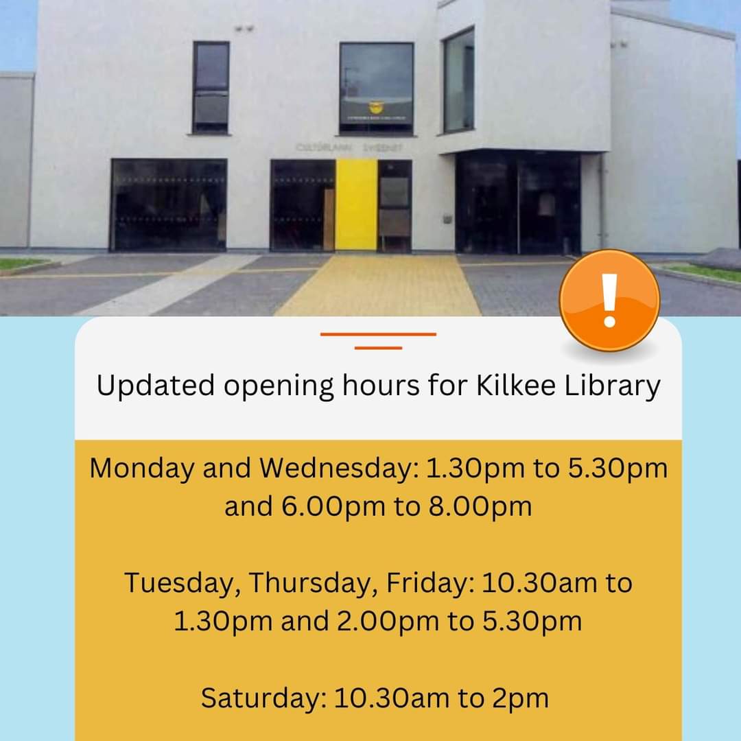 clarelibrary's tweet image. Please note change to Kilkee Library opening hours from today.

Monday and Wednesday: 1.30pm to 5.30 pm and 6.00pm to 8.00 pm
Tuesday, Thursday, Friday: 10.30am to 1.30pm and 2.00pm to 5.30pm
Saturday: 10.30am to 2.00pm

#OpeningHours #KilkeeLibrary