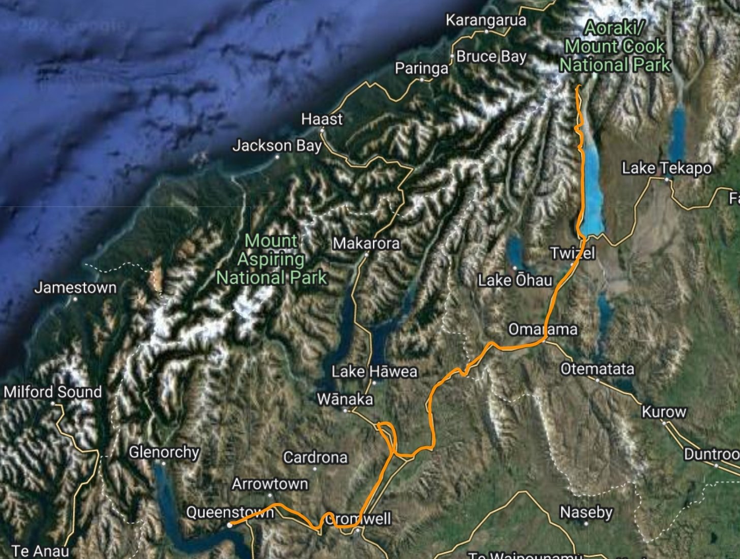 Map of Aoraki to Queenstown 