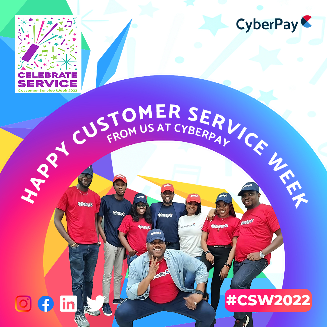 CyberPaynaija's tweet photo. Happy Customer Service Week! 
We're excited and humbled to serve you. 
Here's to more years of exceptional service!
You're the best! 

#csw2022 #finance #service #celebrateservice #cyberpay #nigeria #mobile #cash #browser #customer #support #naira https://t.co/T47l7PUmHC