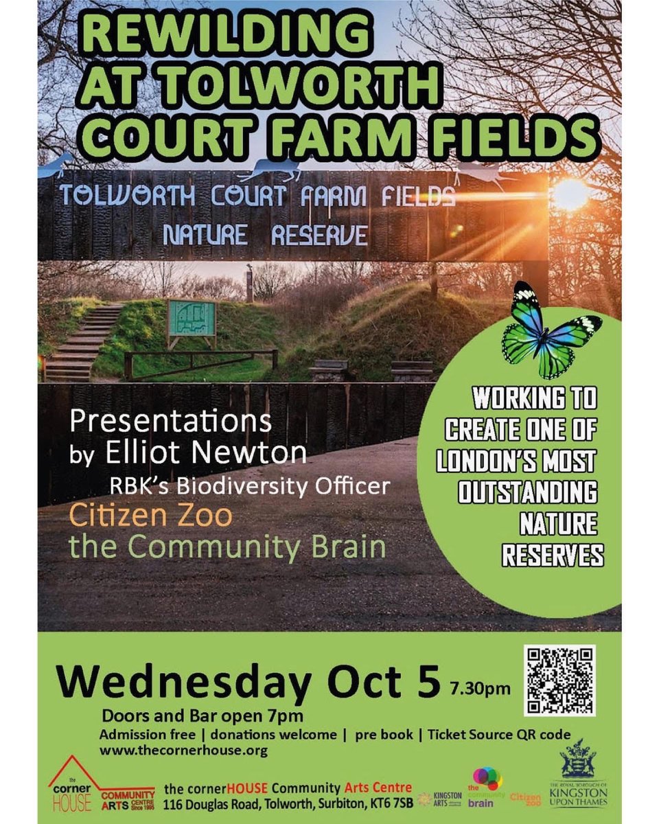 Wednesday eve, 7pm, The CornerHouse. Come have a chat about how we can carefully, sensitively enrich the existing biodiversity at Tolworth Court Farm Fields. Please take a minute to pre-book your free place on The CornerHOUSE website
<a href="/citizenzoo/">Citizen Zoo</a> @kingston_council @LordScroley