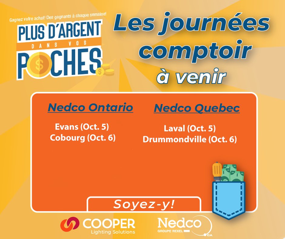 Nedco_Canada's tweet image. Upcoming Counter Days with Cooper Lighting Solutions and Nedco!! 
:
:
Les journées comptoir à venir 
#nedco #cooperlightingsolutions #miyp #counterdays #branch #electrcians