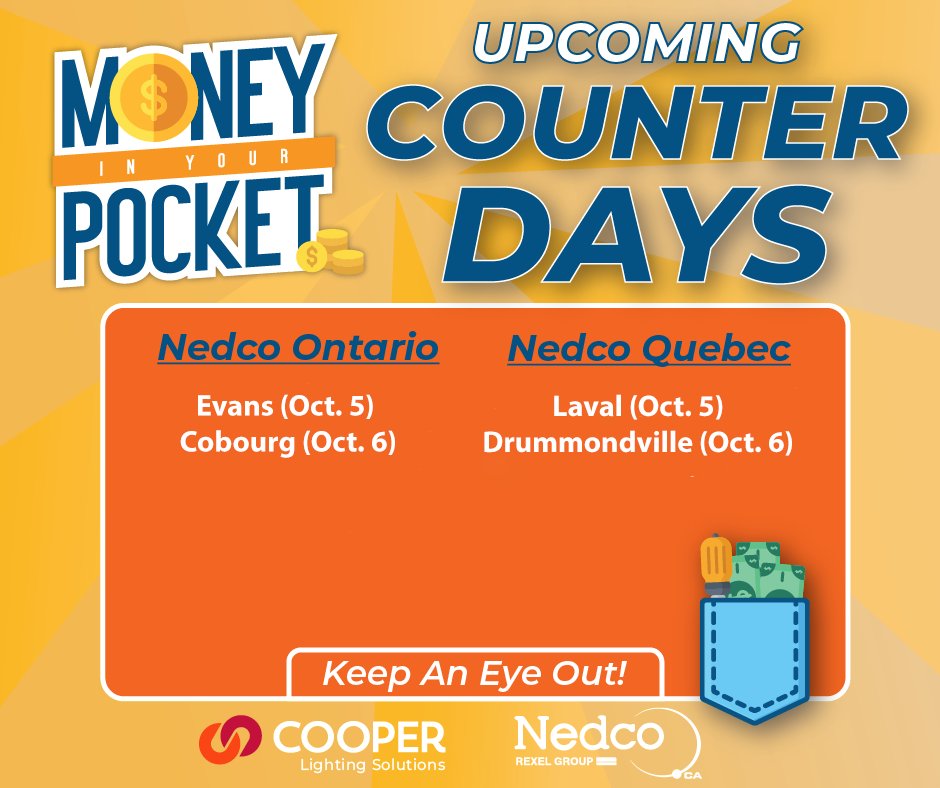 Nedco_Canada's tweet image. Upcoming Counter Days with Cooper Lighting Solutions and Nedco!! 
:
:
Les journées comptoir à venir 
#nedco #cooperlightingsolutions #miyp #counterdays #branch #electrcians