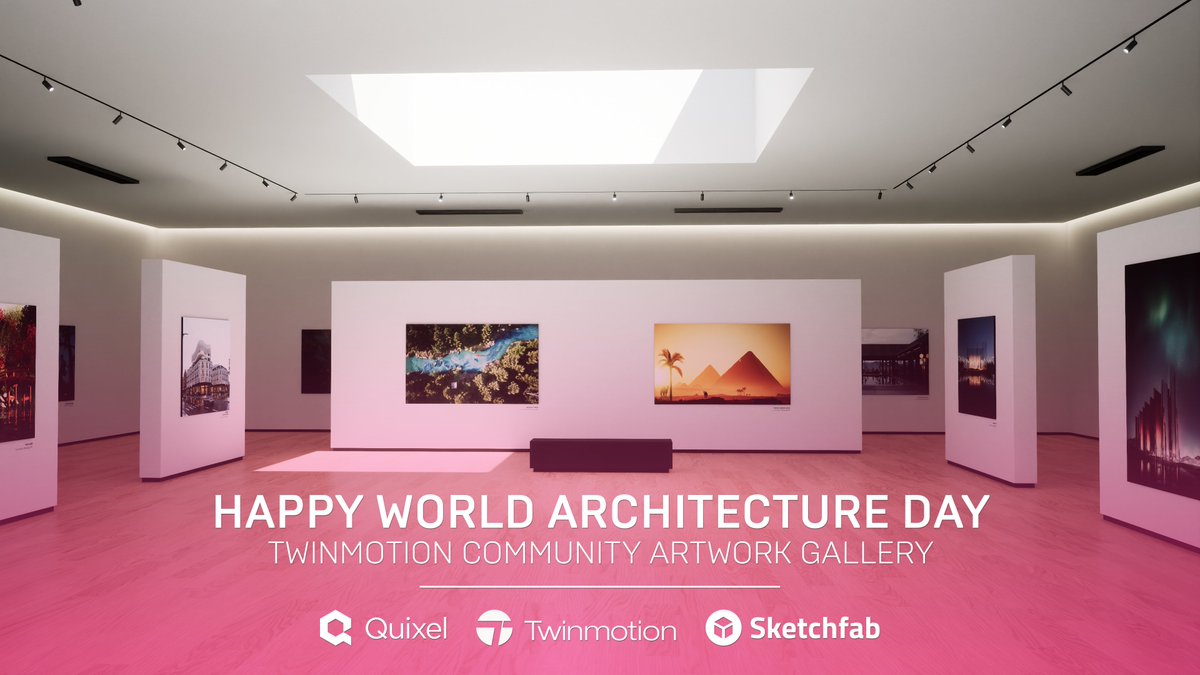 Twinmotion's tweet photo. To celebrate #WorldArchitectureDay, the #Twinmotion team has created an art gallery building with the help of @quixeltools #Megascans and @sketchfab. Can you recognize the paintings displayed in the gallery? 

Get back tomorrow to find out a behind-the-scene of this project! https://t.co/O0lQdMAk0M