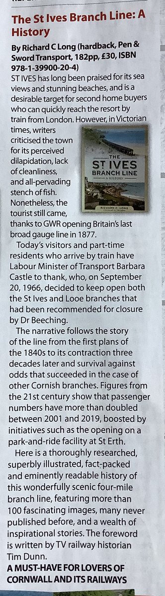 rlonguk's tweet photo. “…thoroughly researched, superbly illustrated, fact-packed and eminently readable… A must have for lovers of Cornwall and its railways.” Great review of my St Ives Branch Line book in the latest issue of @HeritageRailMag!
#StIvesBranchLine #StIvesBayLine #StIvesBranch #StIves https://t.co/eveYTRLUFo