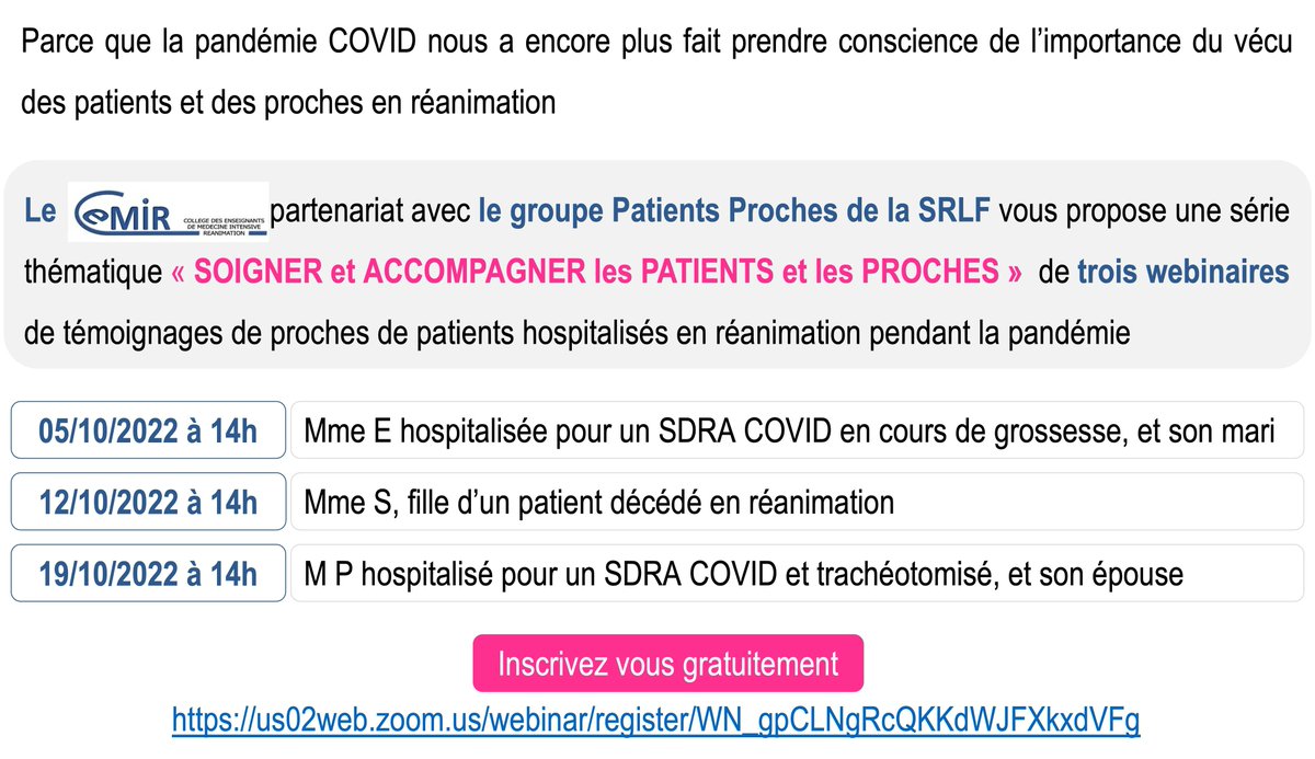 Témoignages de proches de patients hospitalisés en #réanimation pendant la pandémie #COVID19 Suivez les Webinaires organisés par le CeMIR et le groupe Patients Proches de la @La_SRLF 👇 buff.ly/3SJMUpB
