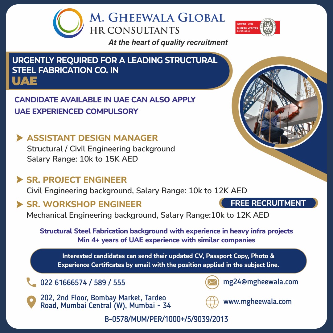mgheewala_hrc's tweet photo. Job Vacancies for #UAE

Interested Candidates can send the updated resume to mg24@mgheewala.com

Learn More https://t.co/Ps4bxvjpD1

#civildesigner #designmanager #structuraldesign #engineer #civilengineer #projectengineer #workshopengineer #steelfabricator #fabricator #uaejobs https://t.co/oKcQ7aVtnJ