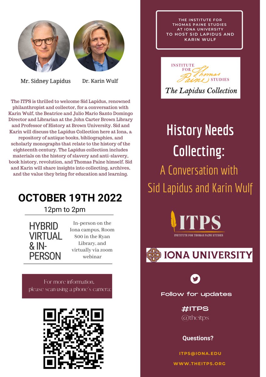 TheITPS's tweet photo. Even though #ITPSKinderCon is a wrap, we’ve got exciting an exciting line-up at the #ITPS in October! We’re thrilled to welcome @kawulf and Sid Lapidus to @ionauniversity for a conversation on the 19th about the #LapidusCollection here at Iona and how “History Needs Collecting.” https://t.co/loRgzxSLng
