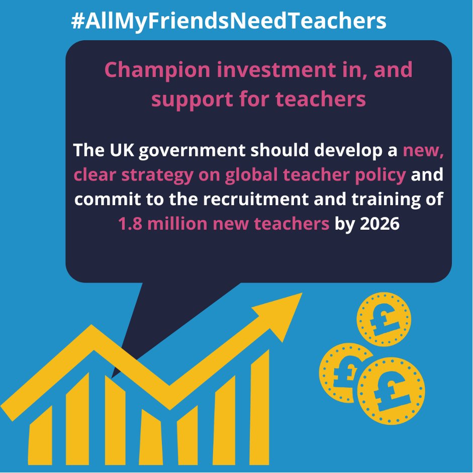 We join <a href="/sendmyfriend/">Send My Friend</a> in calling the #UKGovernment to prioritise the #WorldsTeachers.

👩‍🏫📚 We are asking @FCDO to support national governments of lower-income countries to deliver the global targets endorsed by the G7 &amp; produce a new strategy on global teacher policy.
