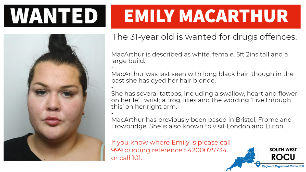 SWROCU's tweet photo. WANTED | Can you help us to find 31-year old Emily MacArthur?

She's wanted for drugs offences and failing to appear at Swindon Crown Court.

Emily has links to Bristol, Trowbridge, Frome, Luton and London.

More here > https://t.co/32wLK1Ukgd https://t.co/w32AmP9c0j