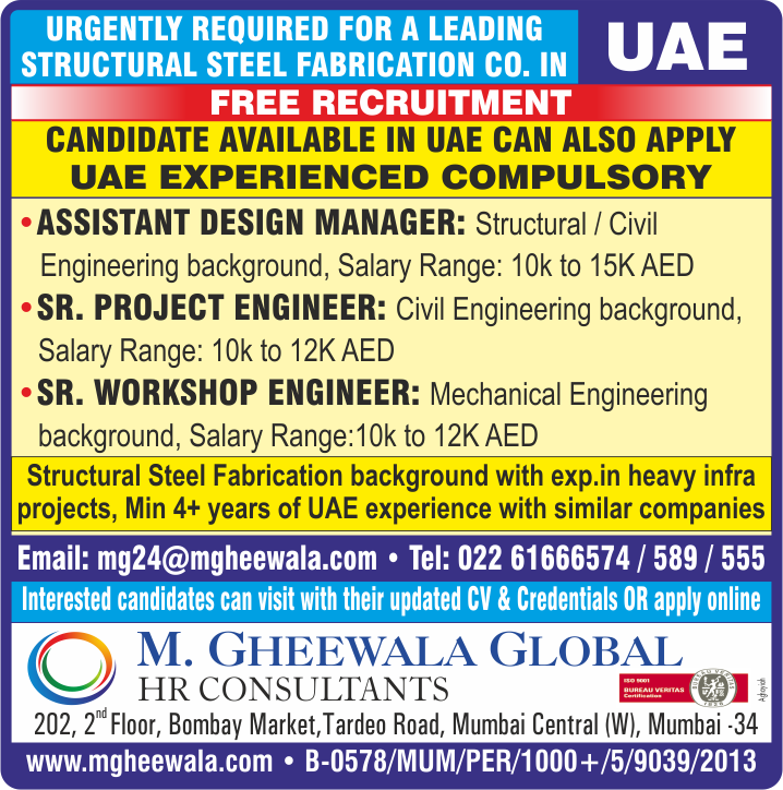 mgheewala_hrc's tweet photo. Job Vacancies for #UAE
Interested Candidates can send the updated resume to mg24@mgheewala.com
Learn More https://t.co/Ps4bxvjpD1
#uaejobs #manpower #assistantdesignmanager #seniorprojectengineer #seniorworkshopengineer #structuralsteelfabrication #uaeexperience https://t.co/u9r0MHXUv3