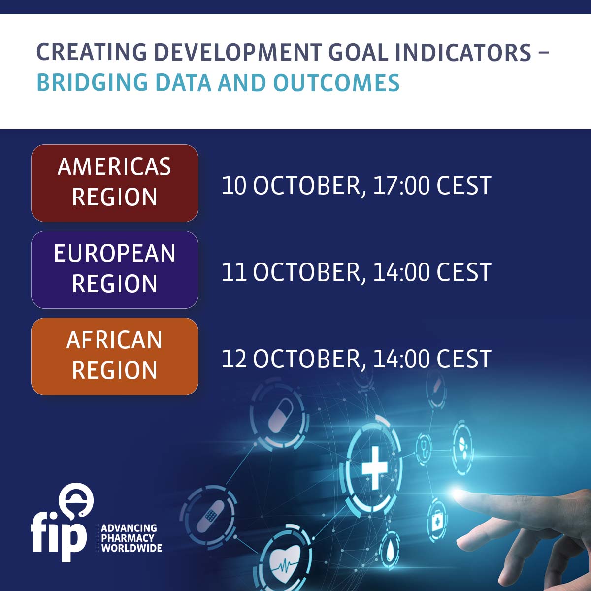 FIP_org's tweet photo. The first three events will discuss the global progress towards the #FIPDevelopmentGoals in the Americas, European & African regions. Join each event:
10 Oct, 17:00 CEST https://t.co/X1vBEk71Vp
11 Oct, 14:00 CEST https://t.co/2drqv44u5l
12 Oct, 14:00 CEST https://t.co/nydtxamdx8 https://t.co/s4hRAbOzkO