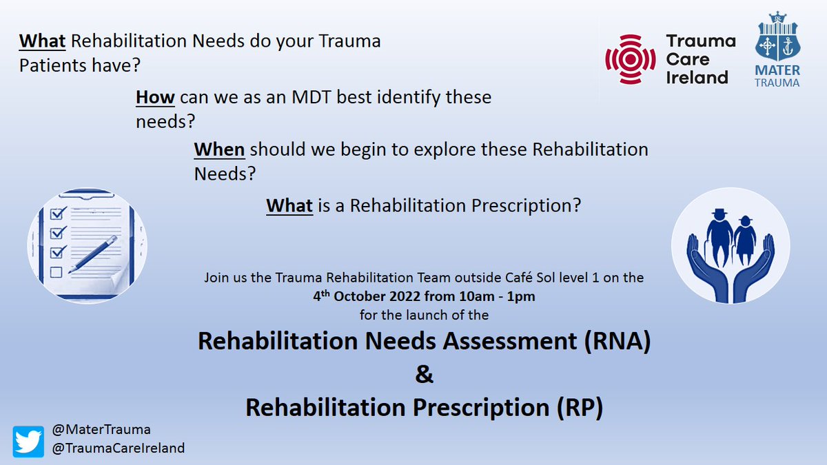 Looking forward to raising awareness of the Rehabilitation Needs Assessmnet &amp; Rehabilitation Prescription tomorrow  <a href="/MaterTrauma/">Mater Hospital Trauma</a> #trauma #rehabilitation