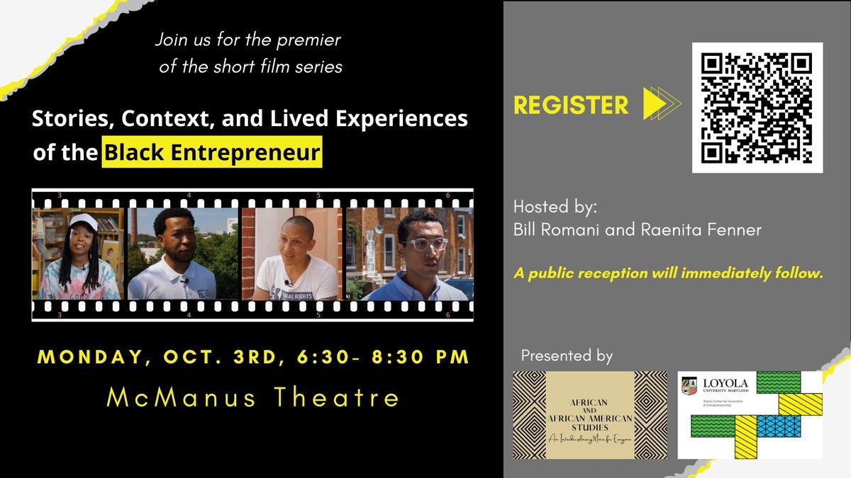 A final reminder that TONIGHT is the premier of the film series Stories, Context, and Lived Experiences of the Black Entrepreneur at 6:30 in McManus Theater.   For those who cannot make it in person, you can view the LIVE STREAM here: facebook.com/bill.romani