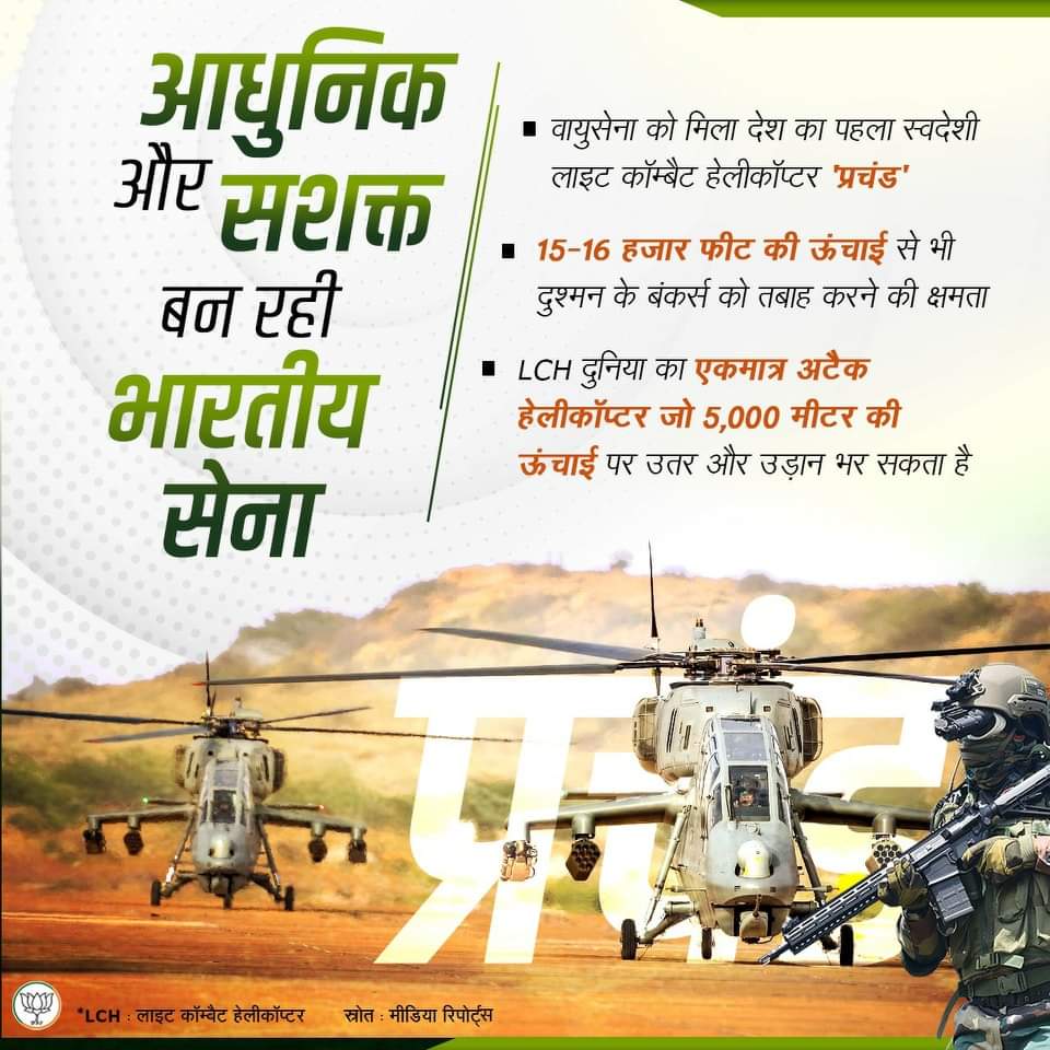 आधुनिक और सशक्त बन रही भारतीय सेना। वायुसेना को मिला देश का पहला स्वदेशी लाइट कॉम्बैट हेलीकॉप्टर 'प्रचंड'।